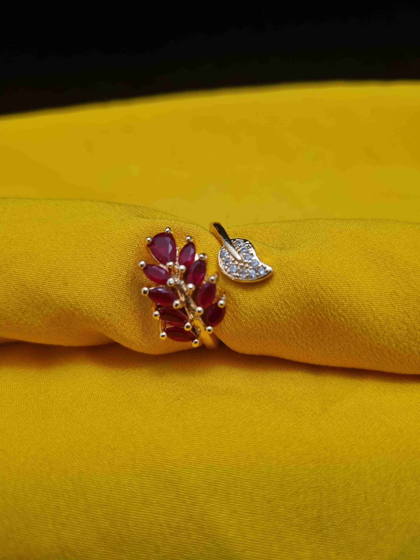 Golden Leaf Design Ring with Red Stones - Anaya Amal Official