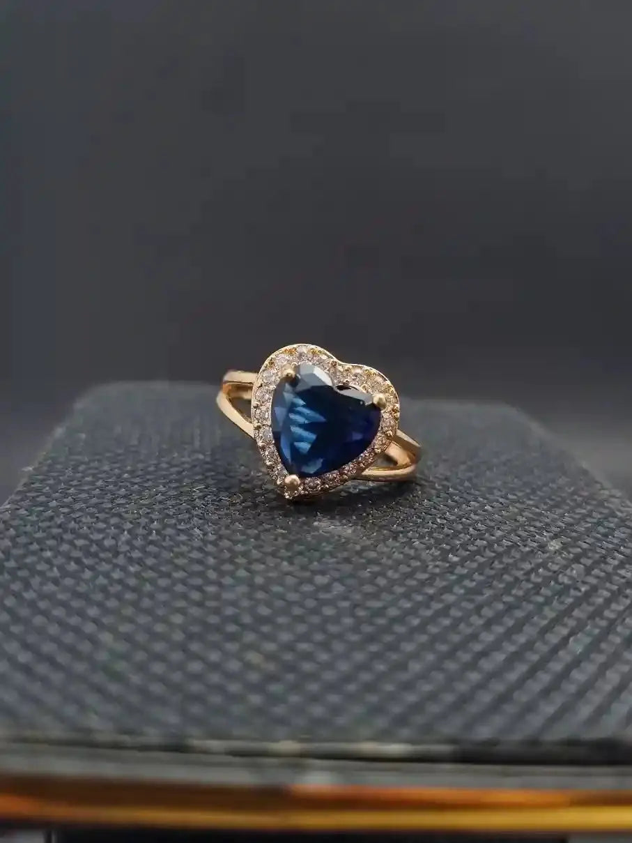 Gold-Plated Heart Ring with Sapphire-Blue Stone - Anaya Amal Official