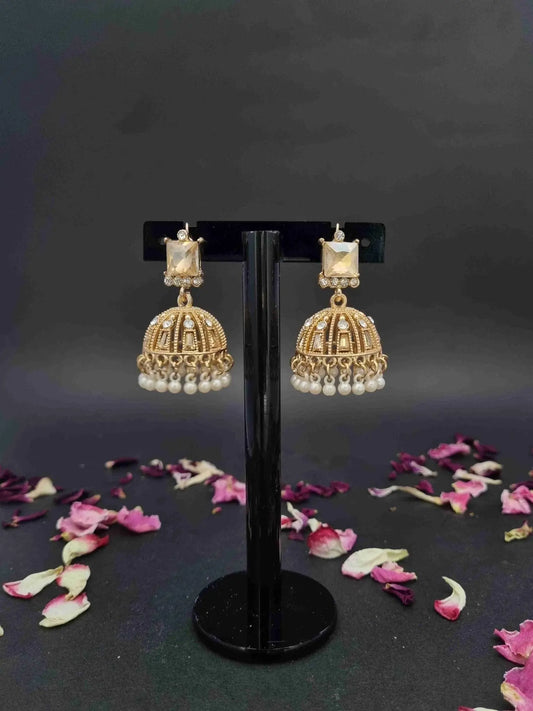 Golden Jhumka Earrings with Pearl - Anaya Amal Official