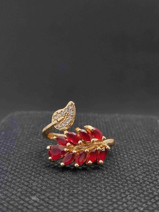 Golden Leaf Design Ring with Red Stones - Anaya Amal Official