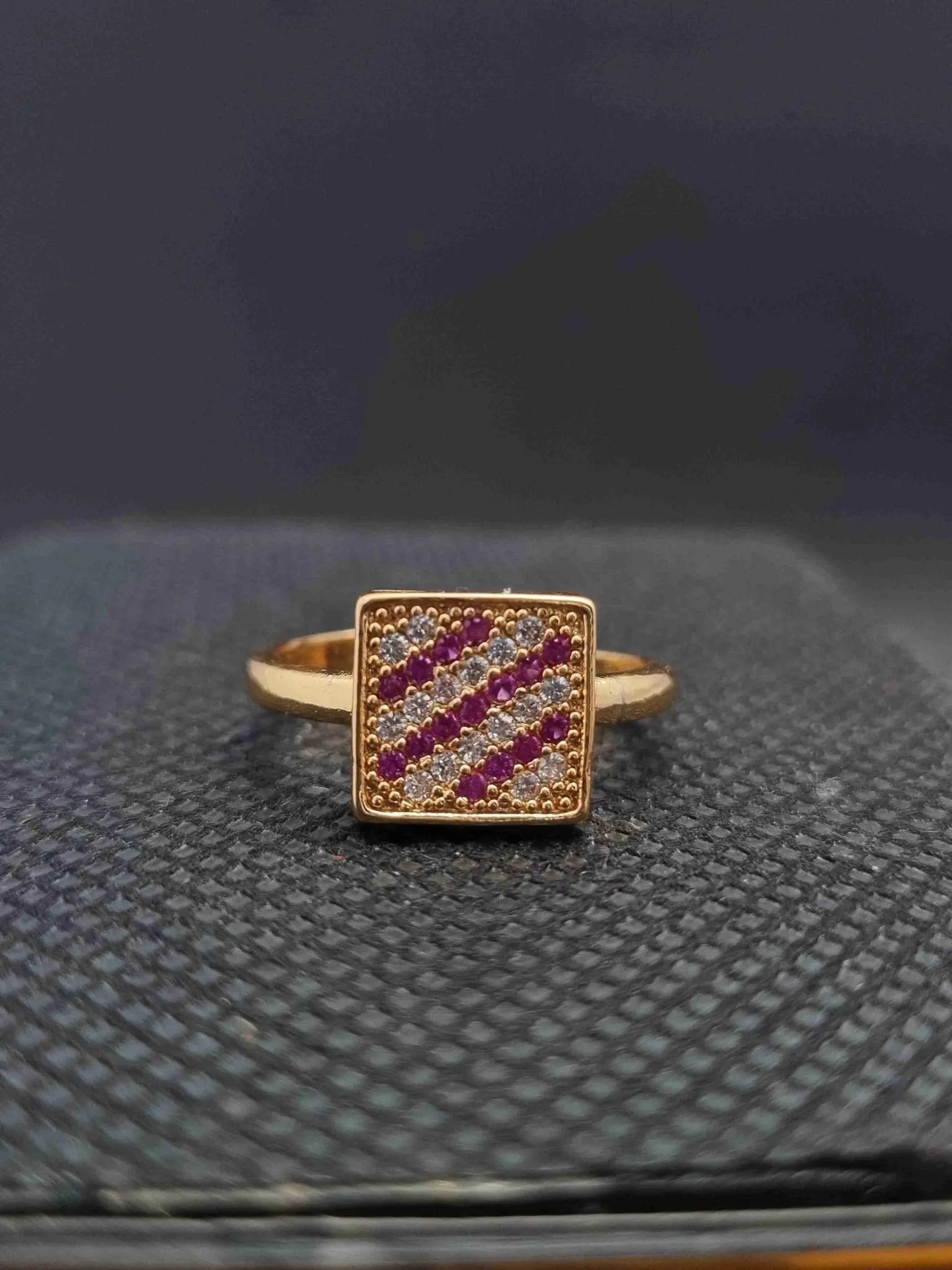 Golden Ring with Diagonal Pink and White Stone Pattern - Anaya Amal Official