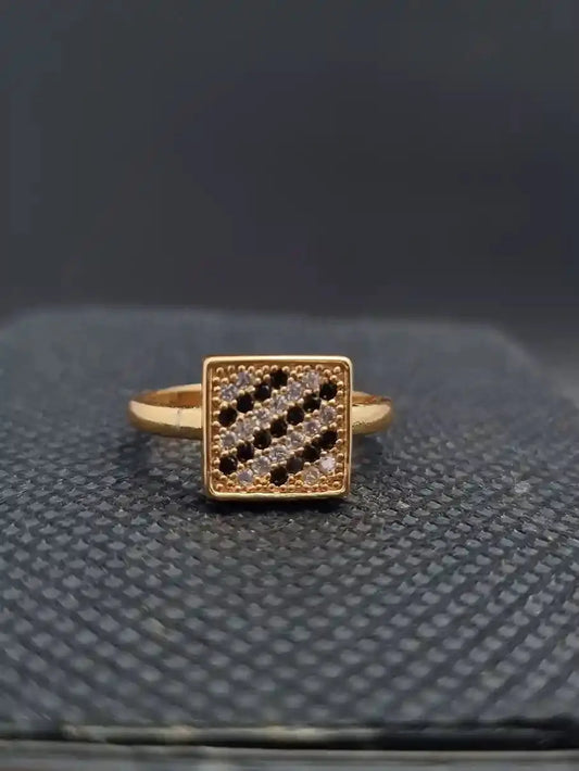 Golden Square Ring with Black and White Stones - Anaya Amal Official