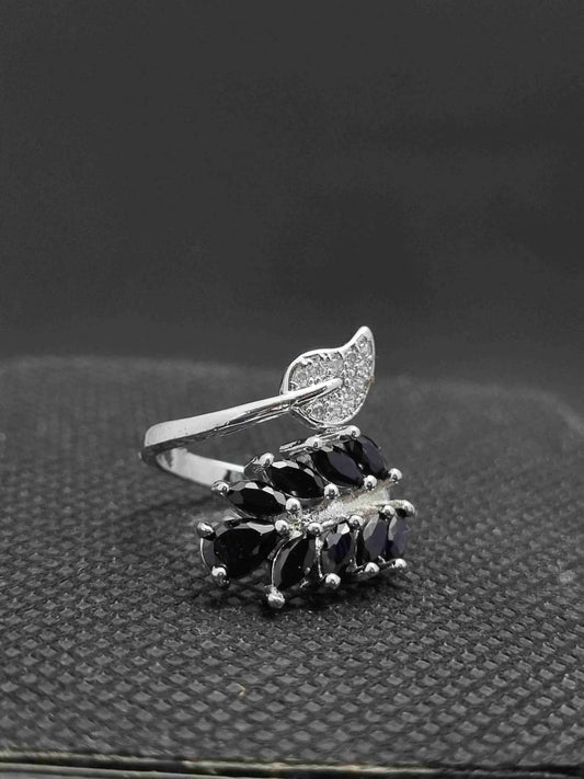 Silver Leaf Design Ring with Black Stones - Anaya Amal Official