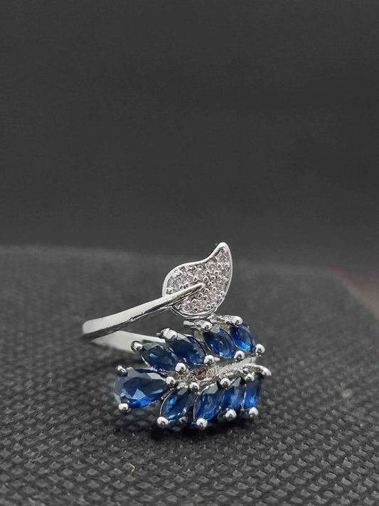 Silver Leaf Design Ring with Blue Stones - Anaya Amal Official