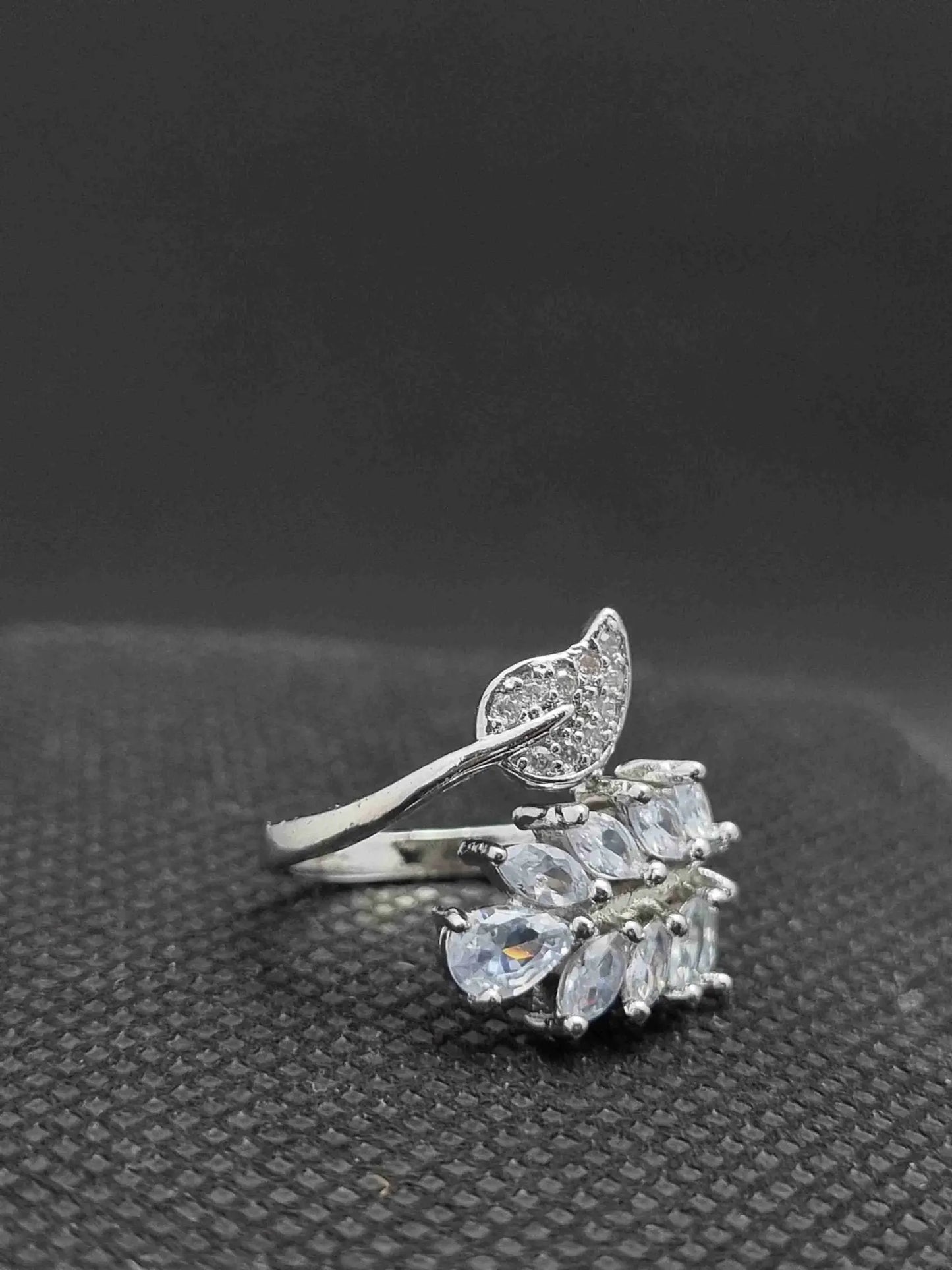 Silver Leaf Design Ring with Clear Stones - Anaya Amal Official