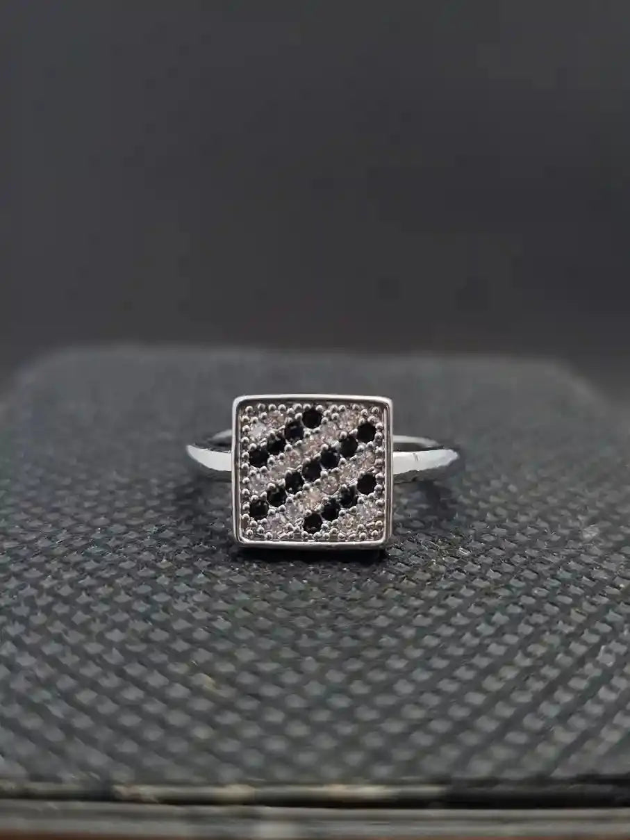 Silver Square Ring with Black and White Stones - Anaya Amal Official