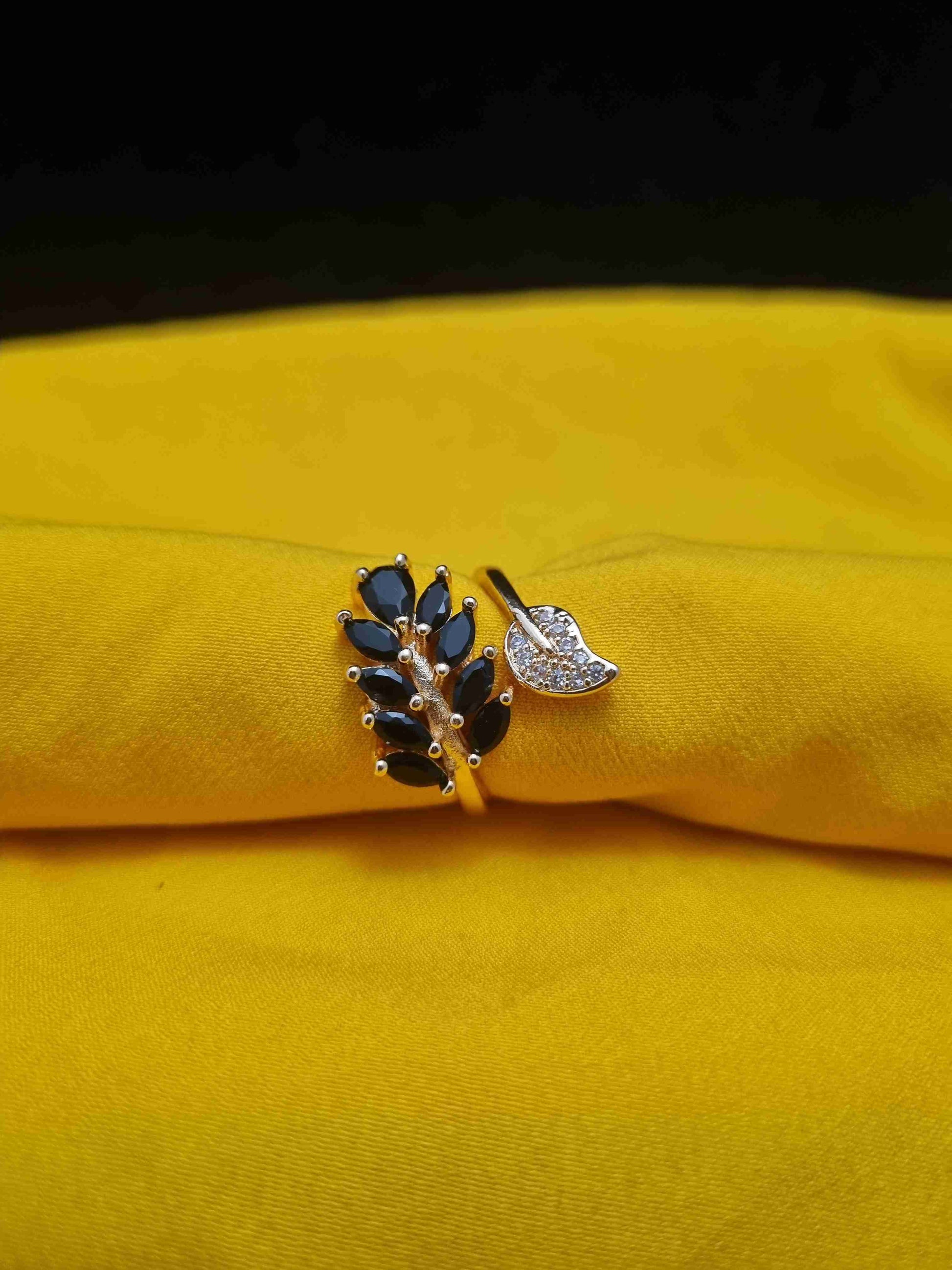 Silver Leaf Design Ring with Black Stones - Anaya Amal Official