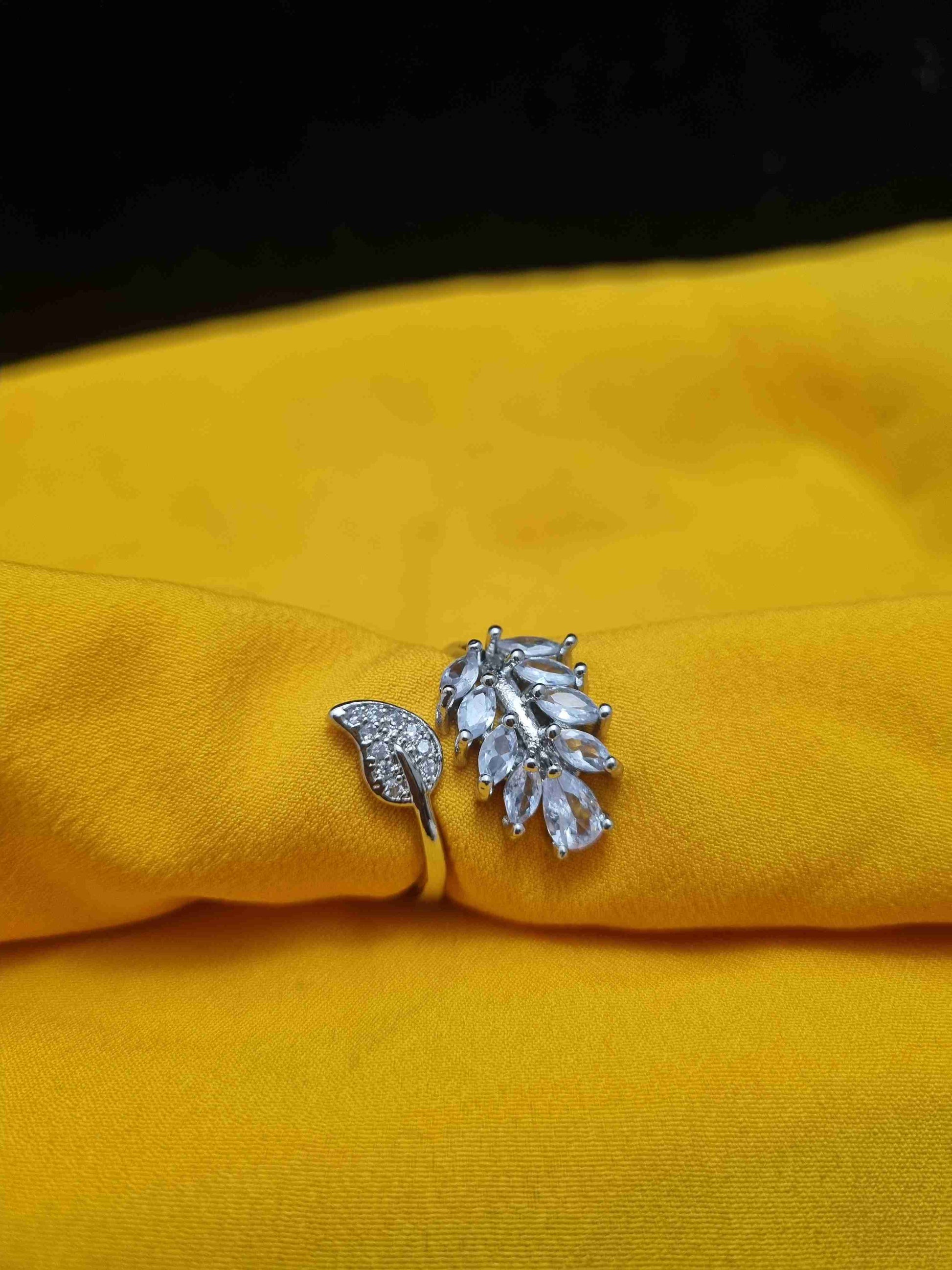 Silver Leaf Design Ring with Clear Stones - Anaya Amal Official
